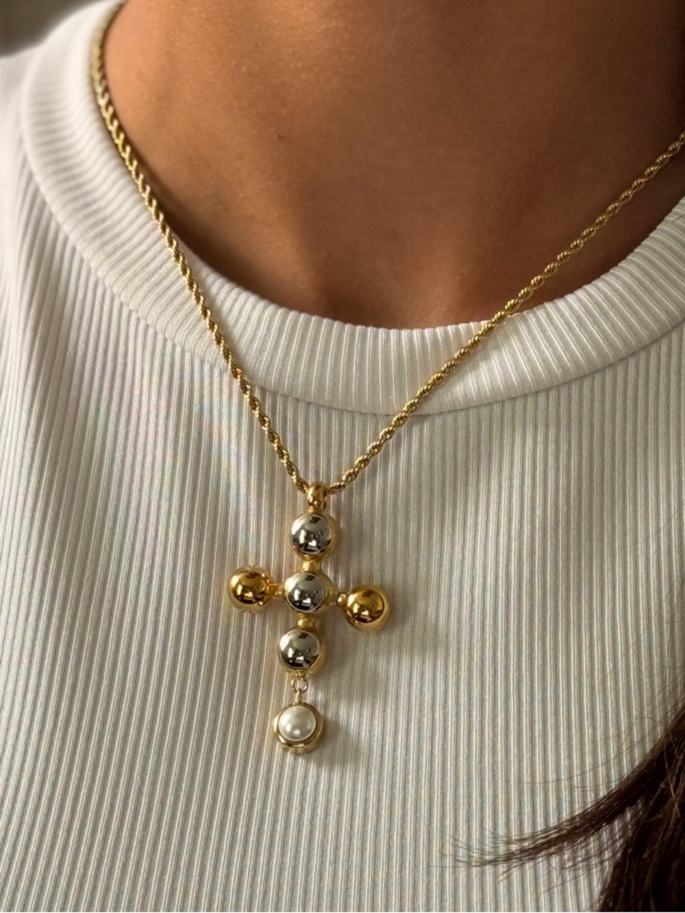 Gold and Silver Cross Pendant Necklace with Pearl Accent